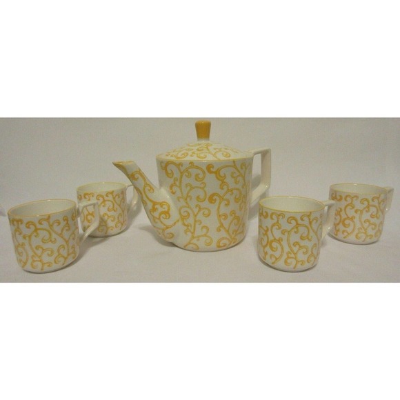 Pier 1 Imports Other - Pier 1 Imports Porcelain Teapot Set 4 Cups Hand Painted Yellow Scroll Modern